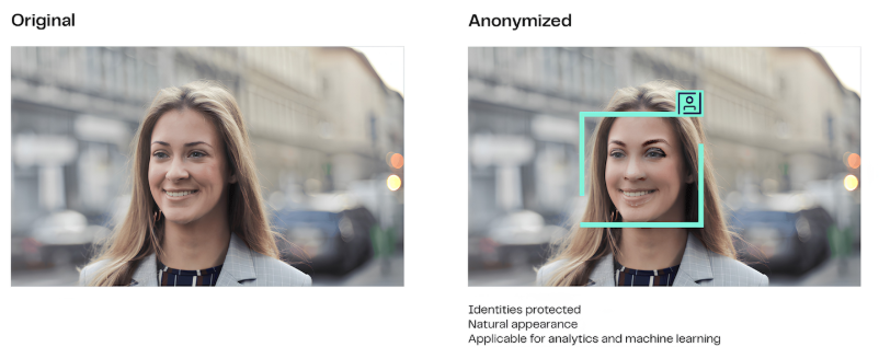 Side-by-side camera POV showing a pedestrian before and after real-time face anonymization