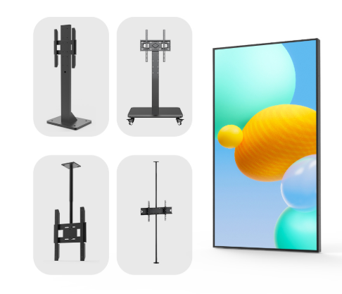 Floor stands, ceiling mounts and wall mounts shown next to a vertical digital signage display