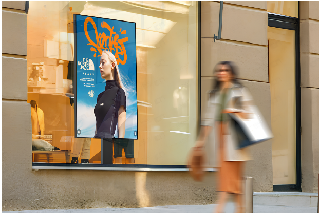 Digital signage display in a storefront window with a passerby